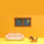夜の寝室で目を閉じたワンちゃんがくつろいでいるクレーアート