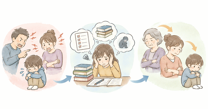 機能不全家族の3つの原因を表すイラスト