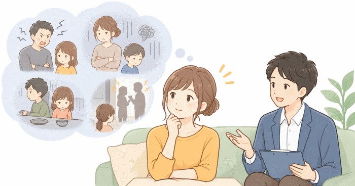 過去の家庭環境を振り返り、自己理解を深めている様子を表わすイラスト