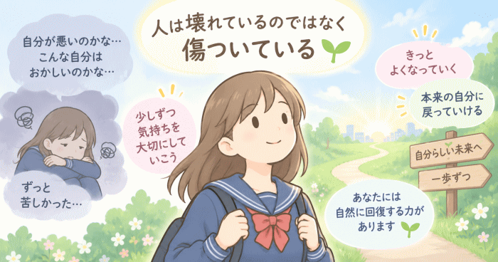 中学生・高校生が傷ついた心が少しずつ回復し、本来の自分に戻っていく様子を表すイラスト
