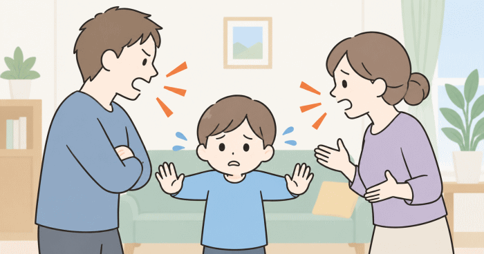 夫婦関係の問題に子どもが巻き込まれている様子を表すイラスト