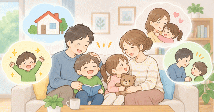 子どもが家庭に求める4つの大切なものを表わすイラスト